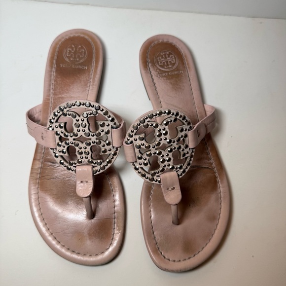 Tory Burch Miller Embellished Sandal Seashell Pink Leather Flat Summer Size 7.5 - Picture 2 of 7